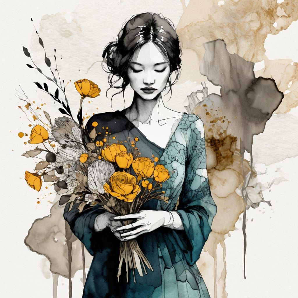 Girl in Whimsical Ink Wash Holding a Bouquet