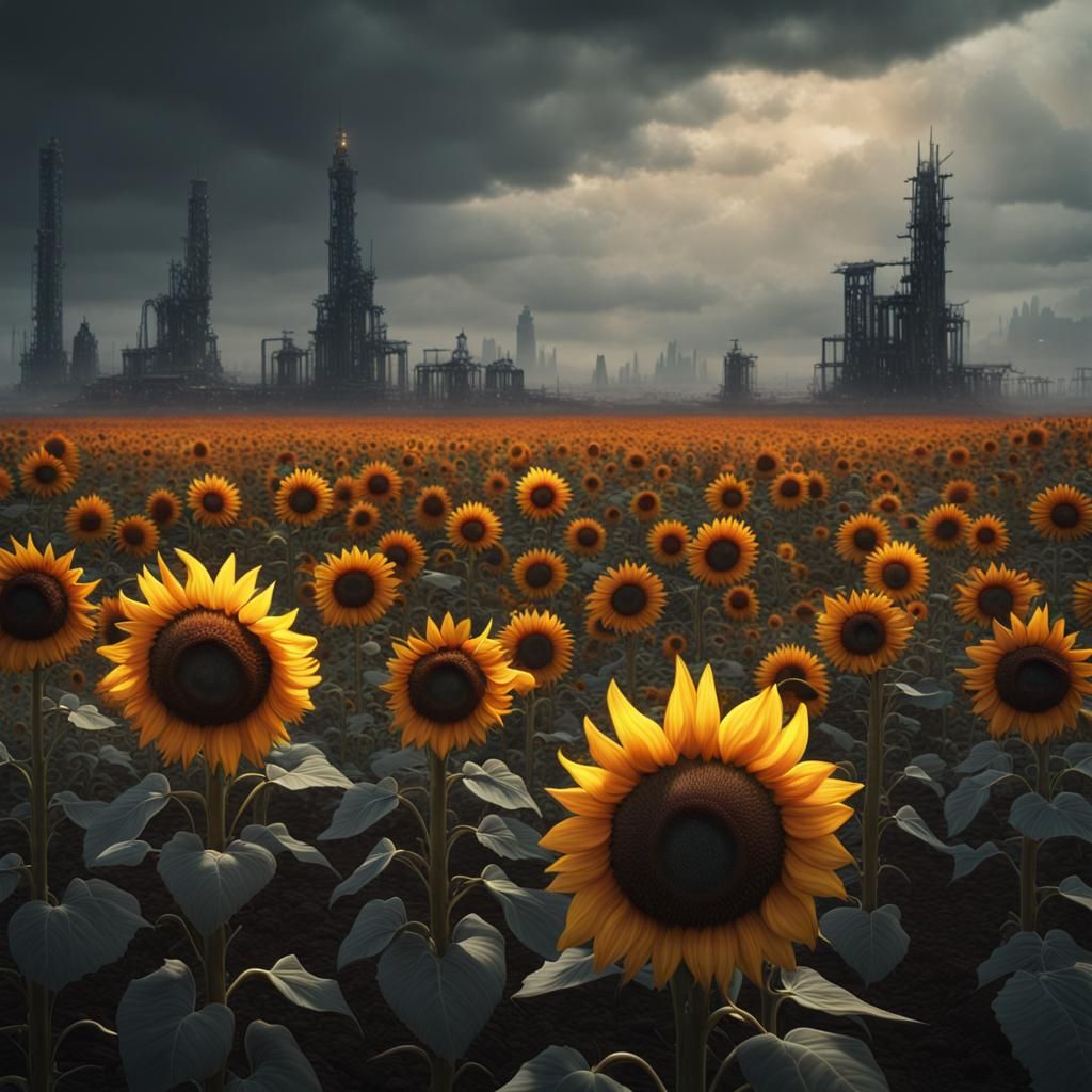 Apocalyptic Sunflower Field: Digital Matte Painting