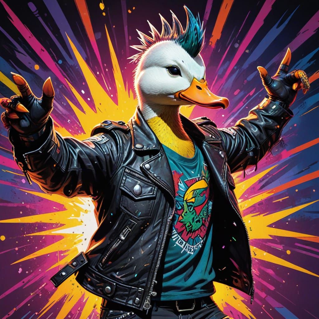 Punk Rock Duck Dances in Comic Book Style