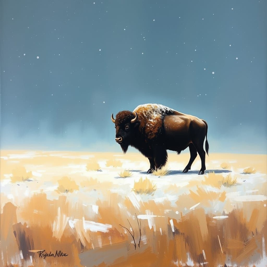 Impressionist Bison Standing Alone in Winter Snowstorm