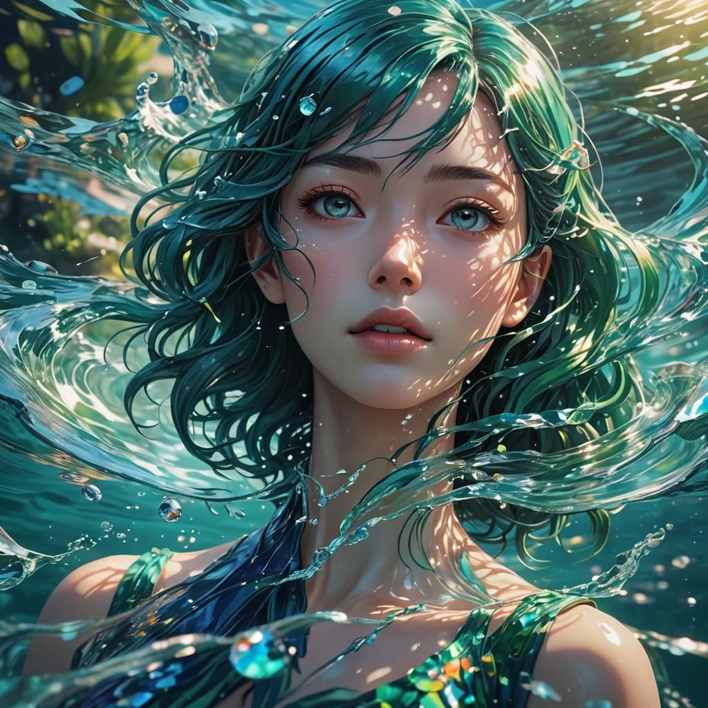 Anime Woman Surrounded by Iridescent Water