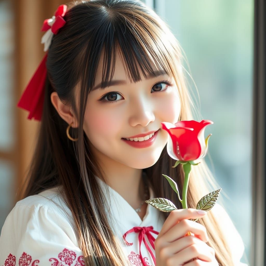 Japanese Girl with Glass Rose: Digital Art