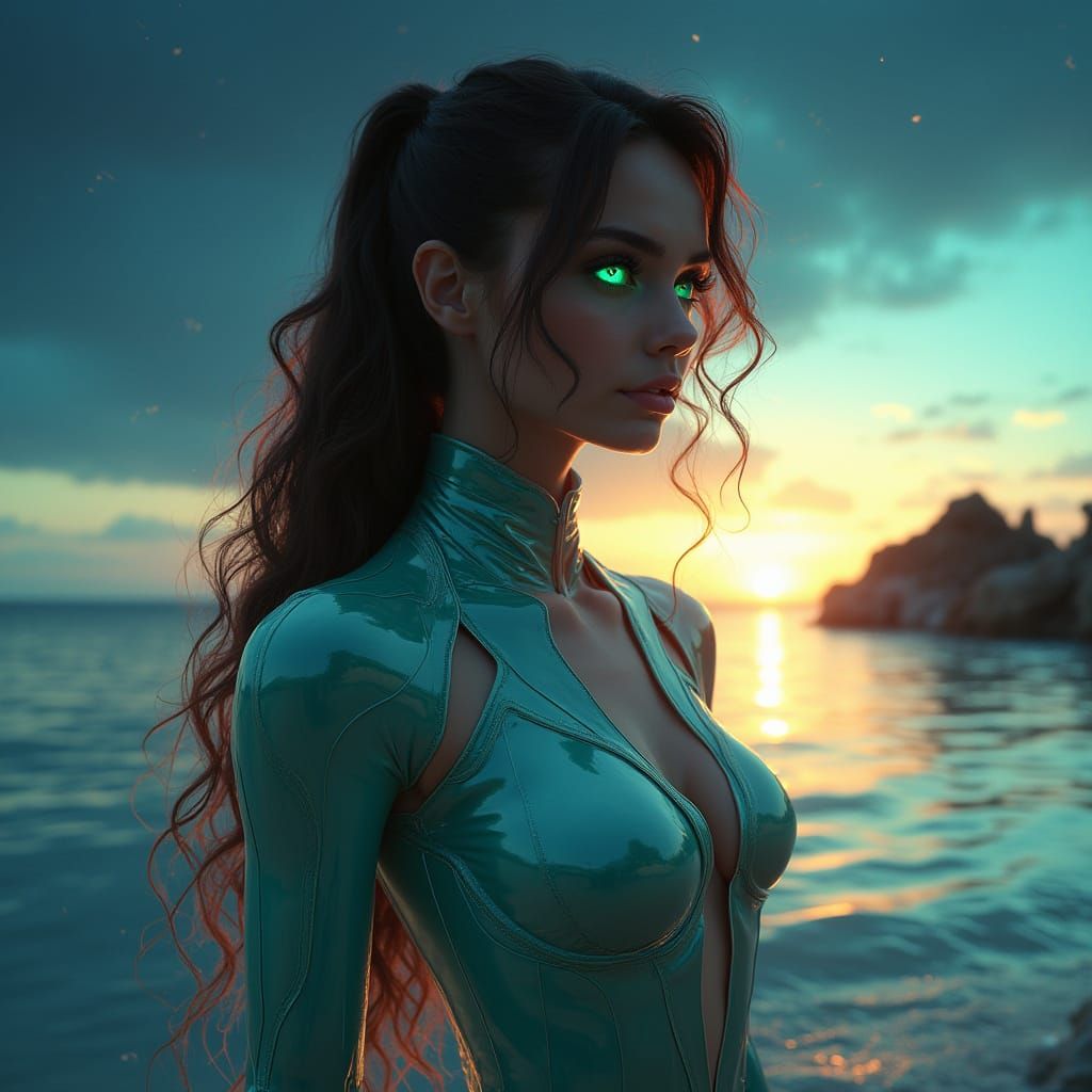 Sensual Futuristic Woman in Shimmering Spacesuit