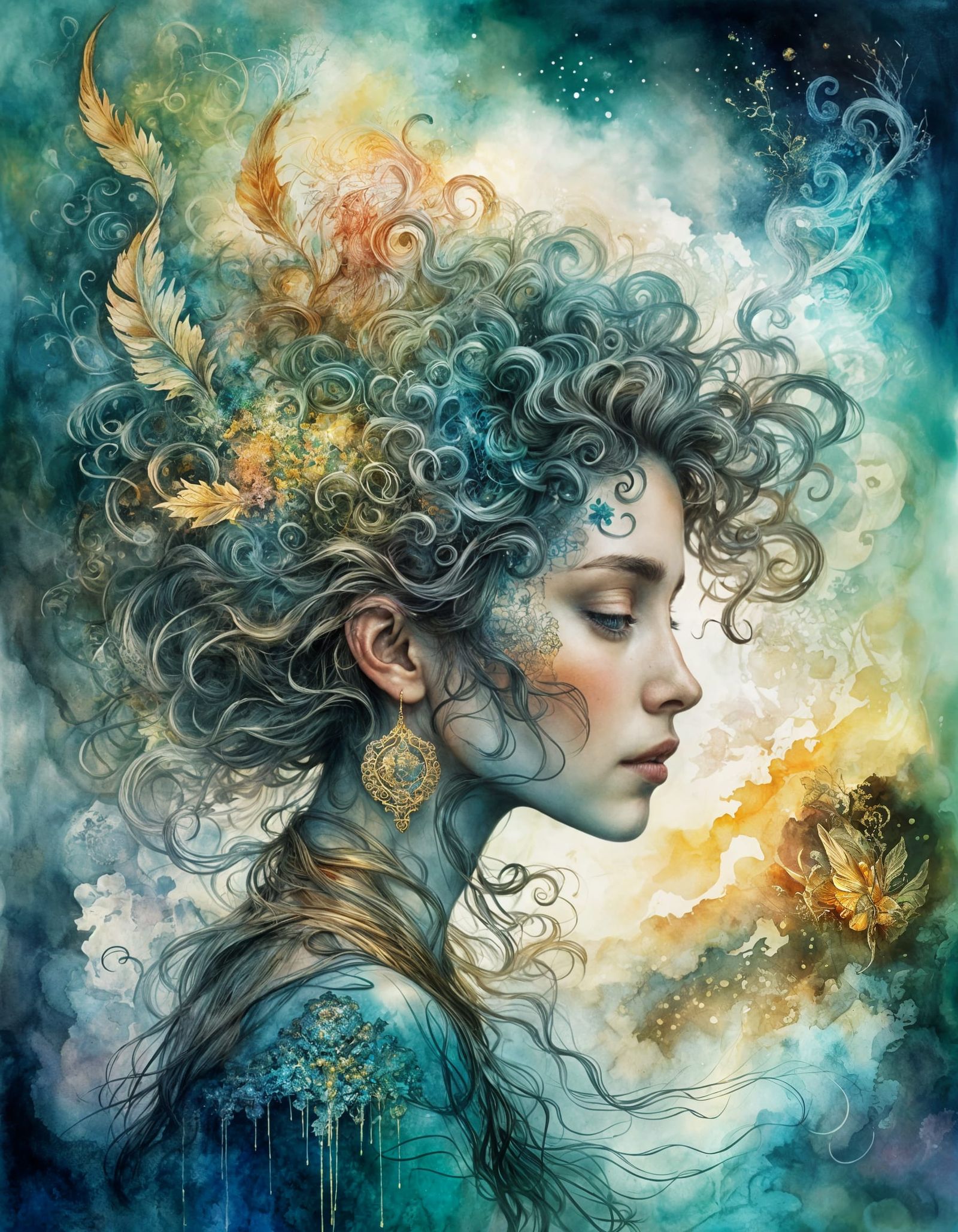 Celestial Woman in Enchanted Forest Watercolor Portrait