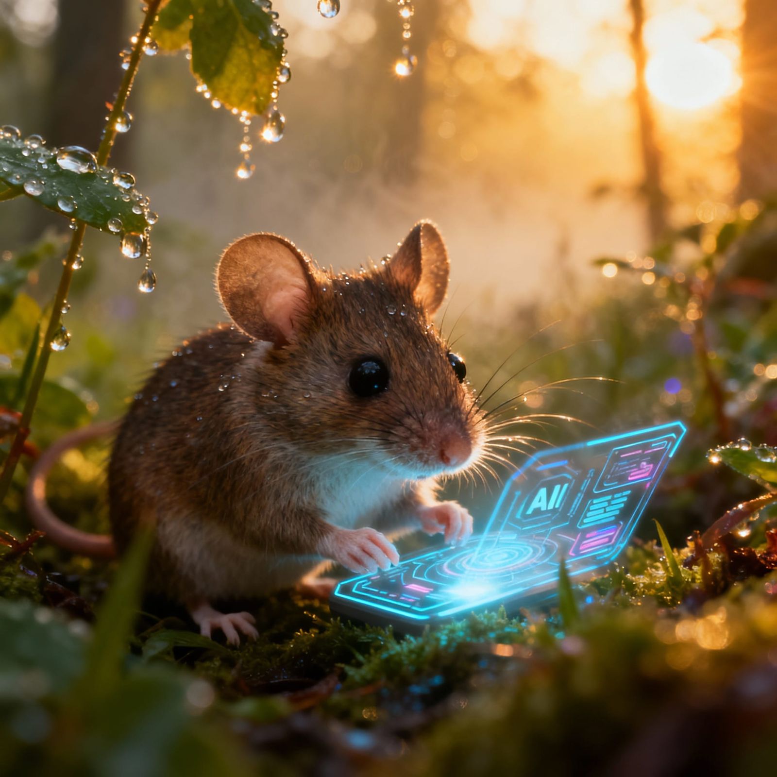 Mouse Studying AI in Mystical Forest at Golden Hour