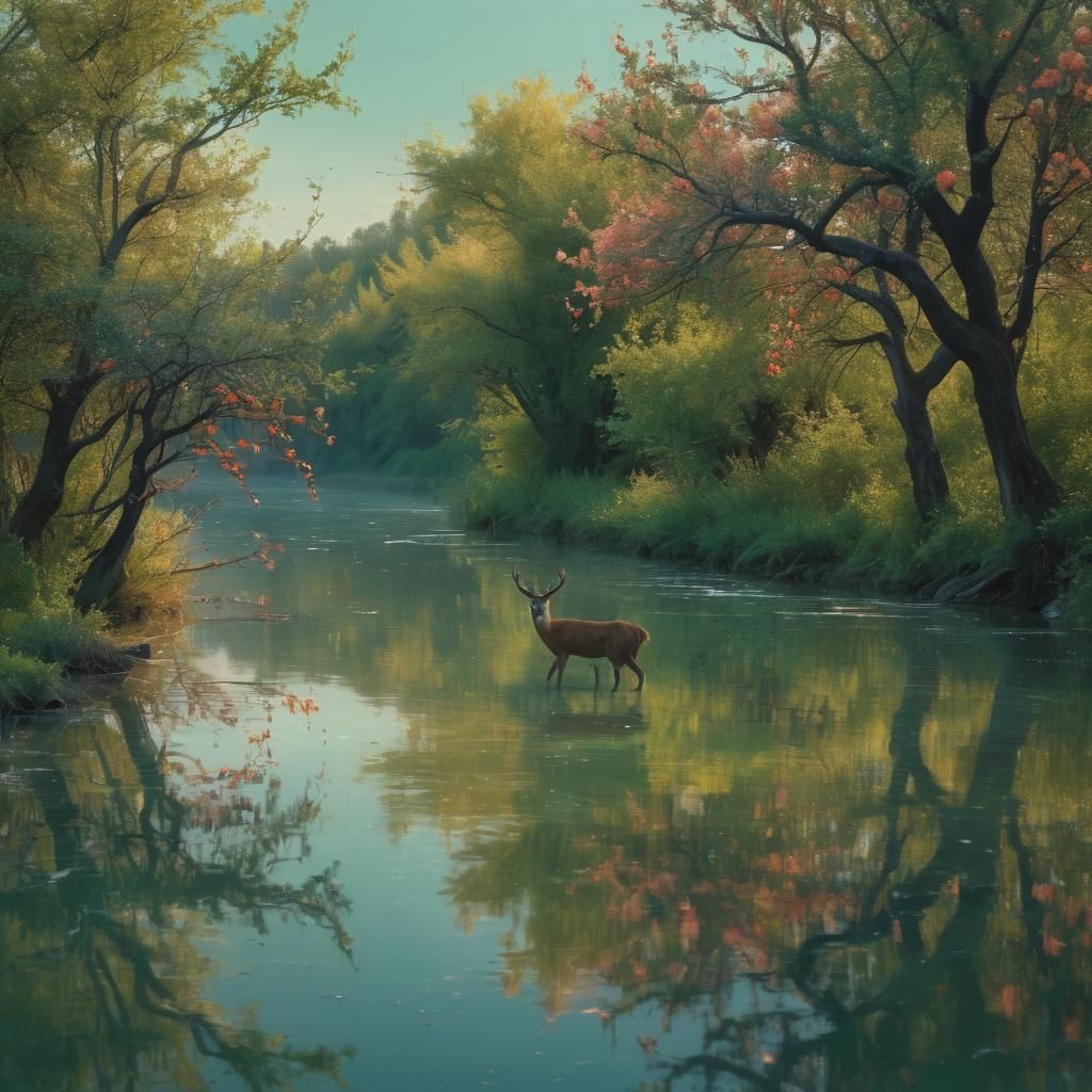 Serene River Scene with Deer in Ink Splash Art