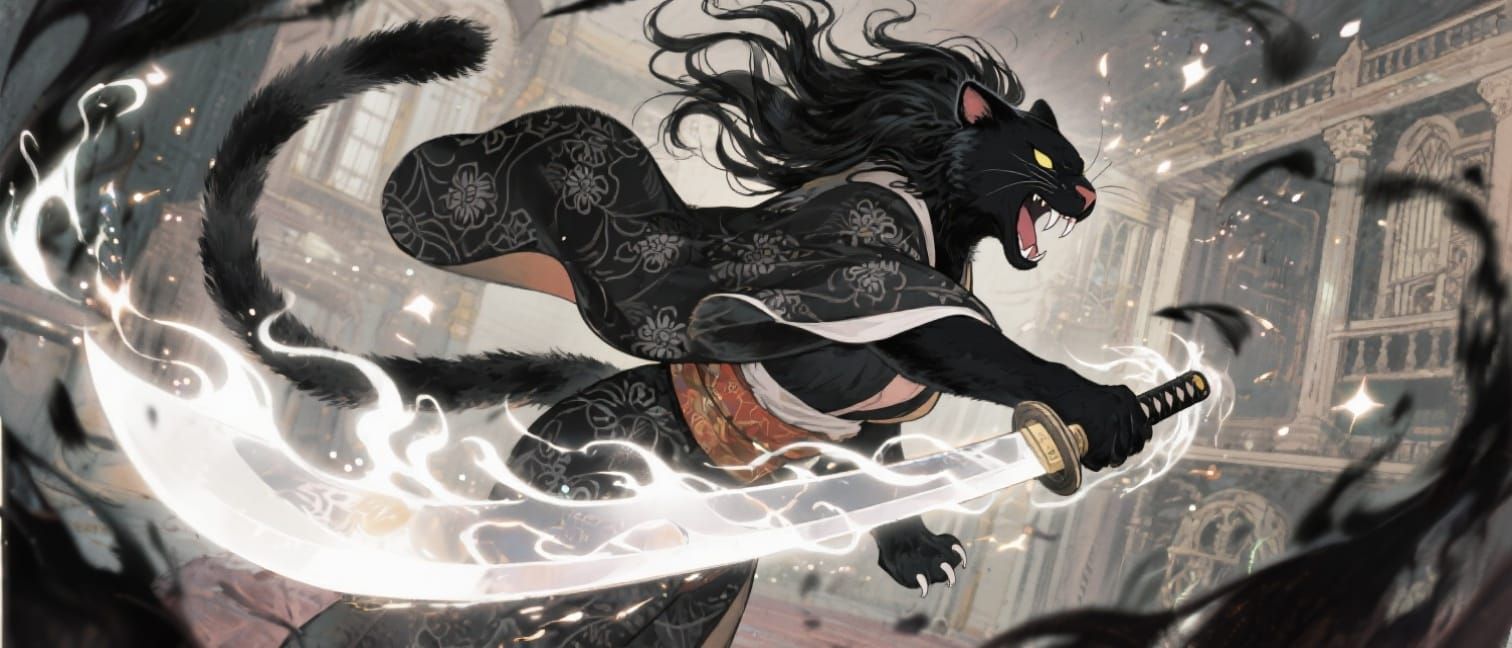 Anthropomorphic Panther with Katana in Watercolor Style