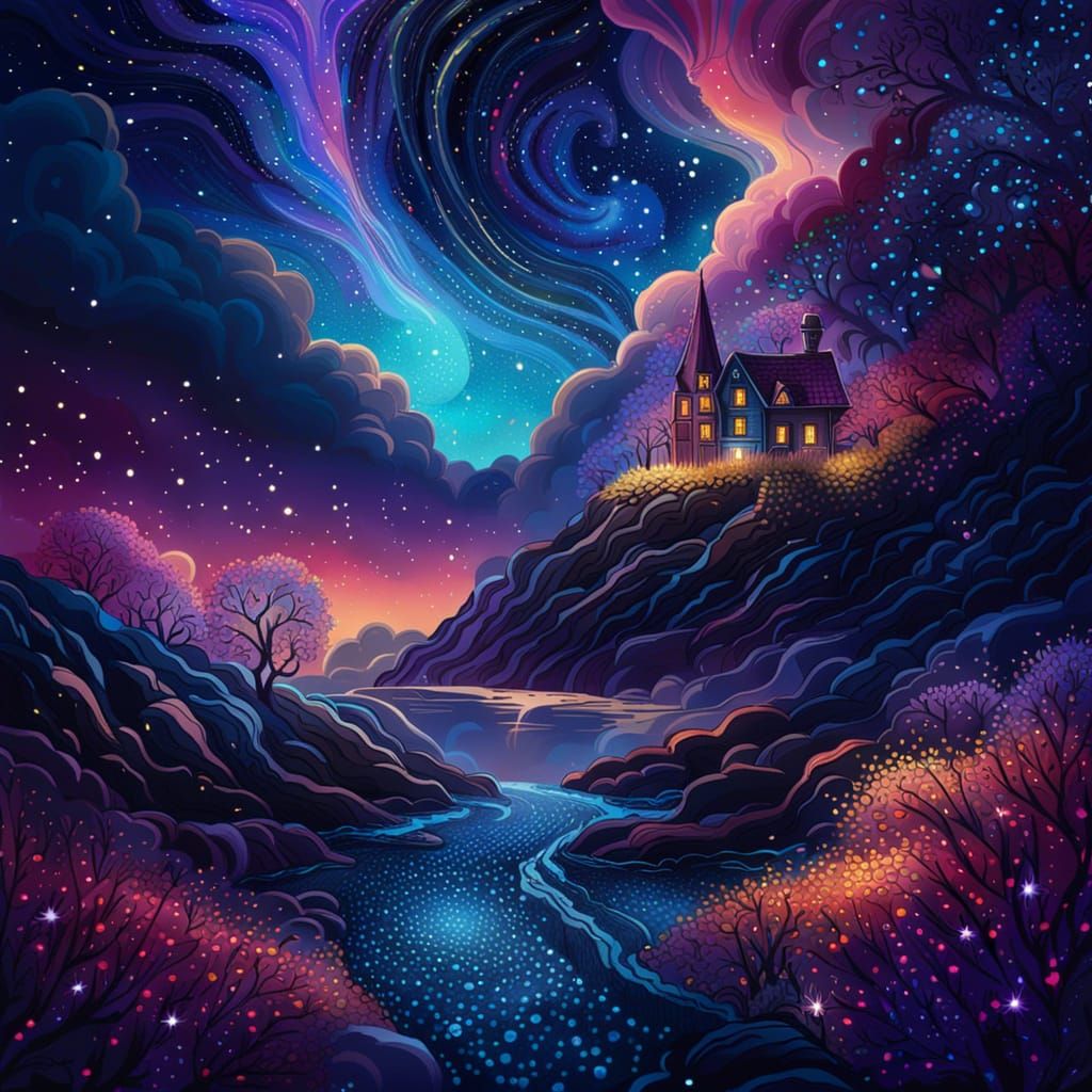 Glittering Starry Night Landscape in Deep Color