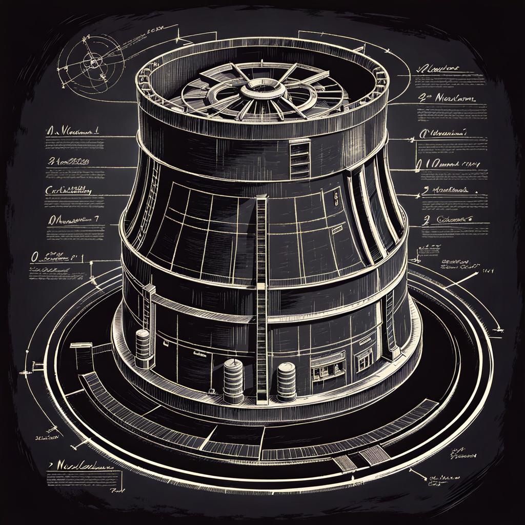 Distressed Blueprint Design Sketch of Nuclear Reactor