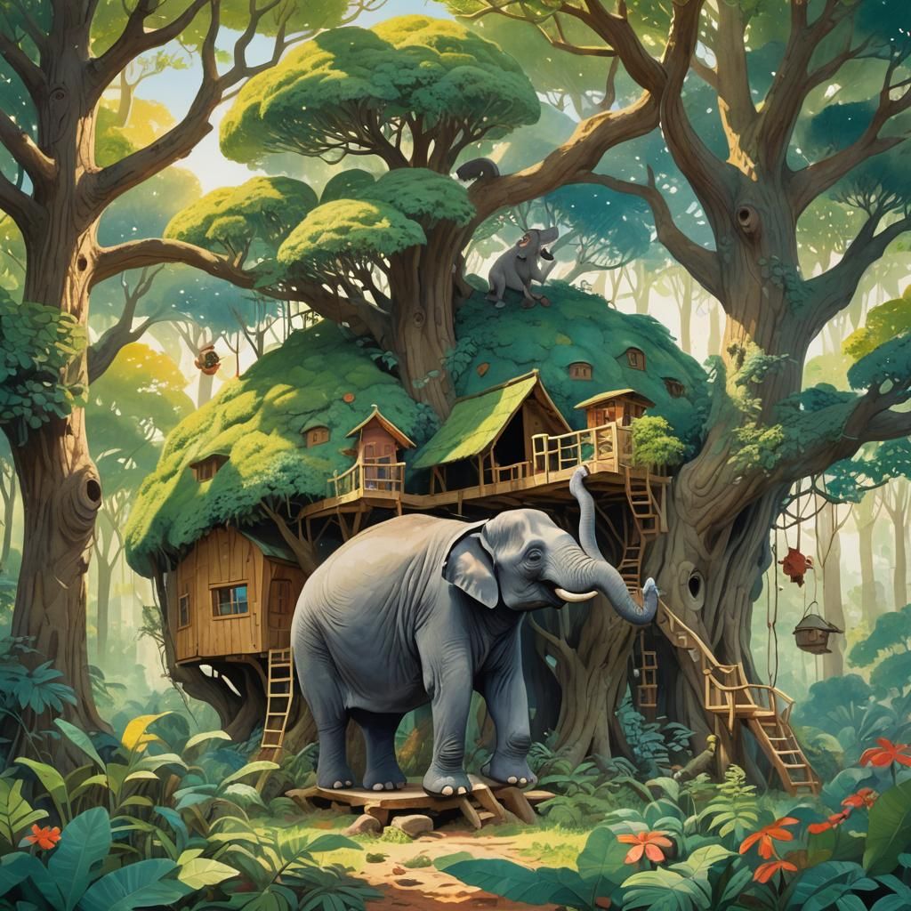 Whimsical Forest: Animals Build a Treehouse in Watercolor St...