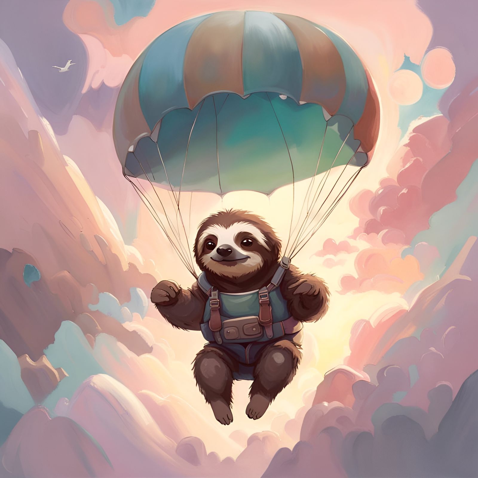Fantasy Sloth Parachuting Through Pastel Clouds