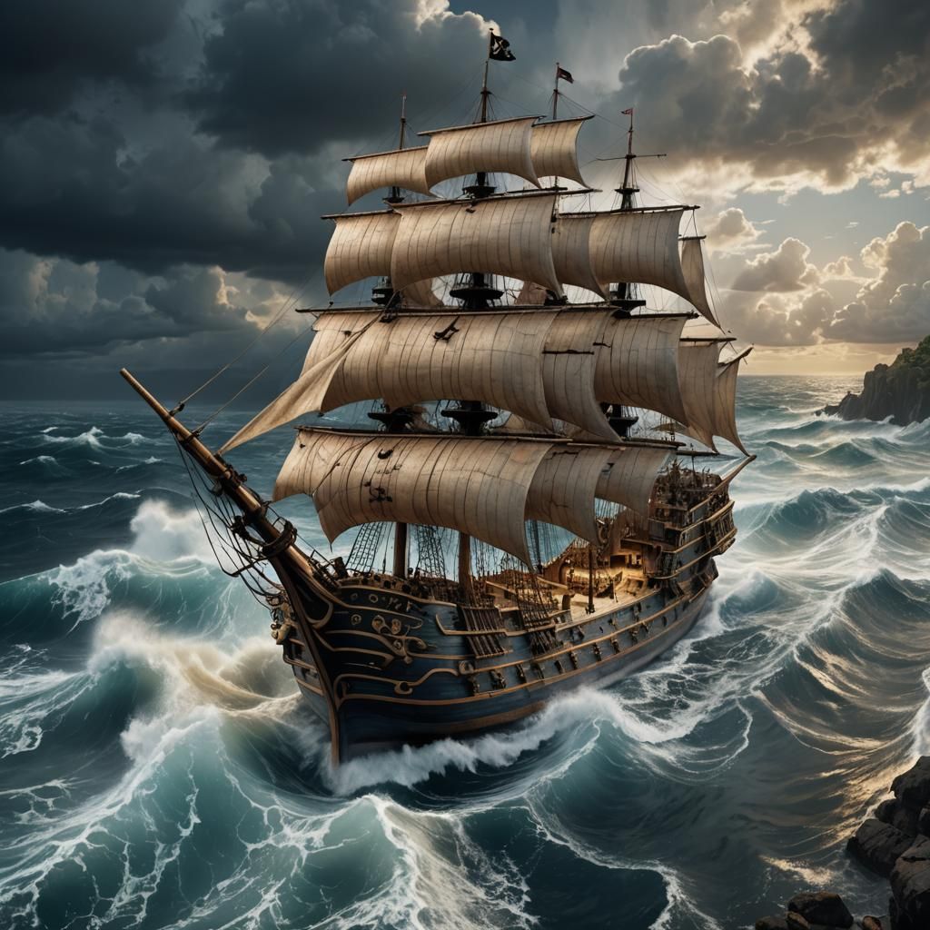 Majestic Pirate Ship Sailing Stormy Seas in HDR