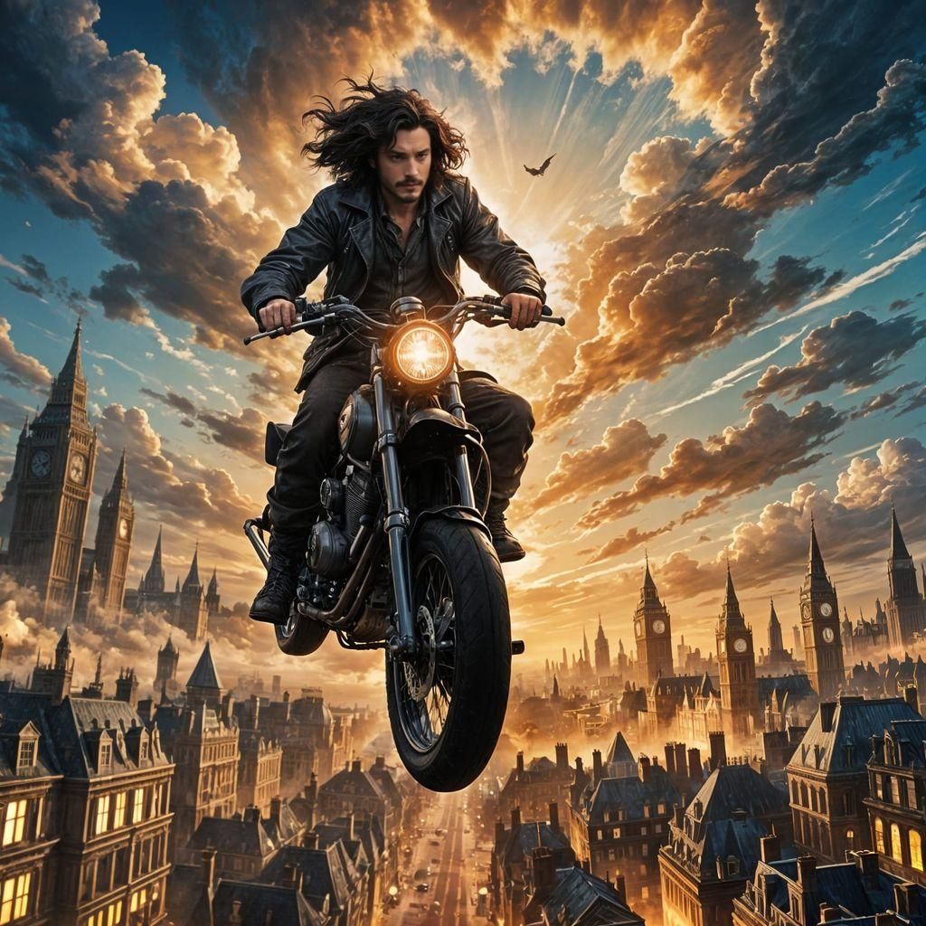 A young Sirius Black riding a flying motorcycle, high above London