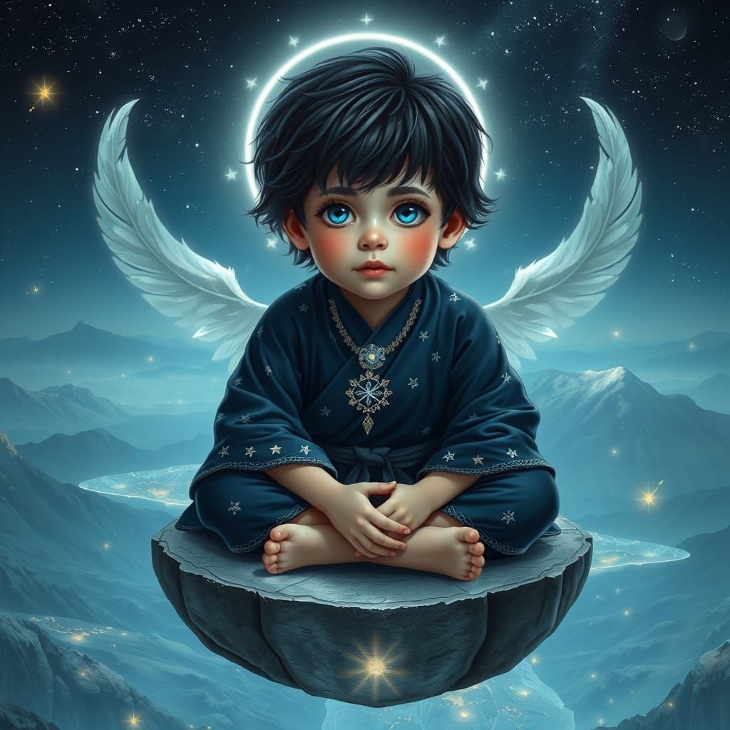 Boy on Floating Platform in Astral Starlight