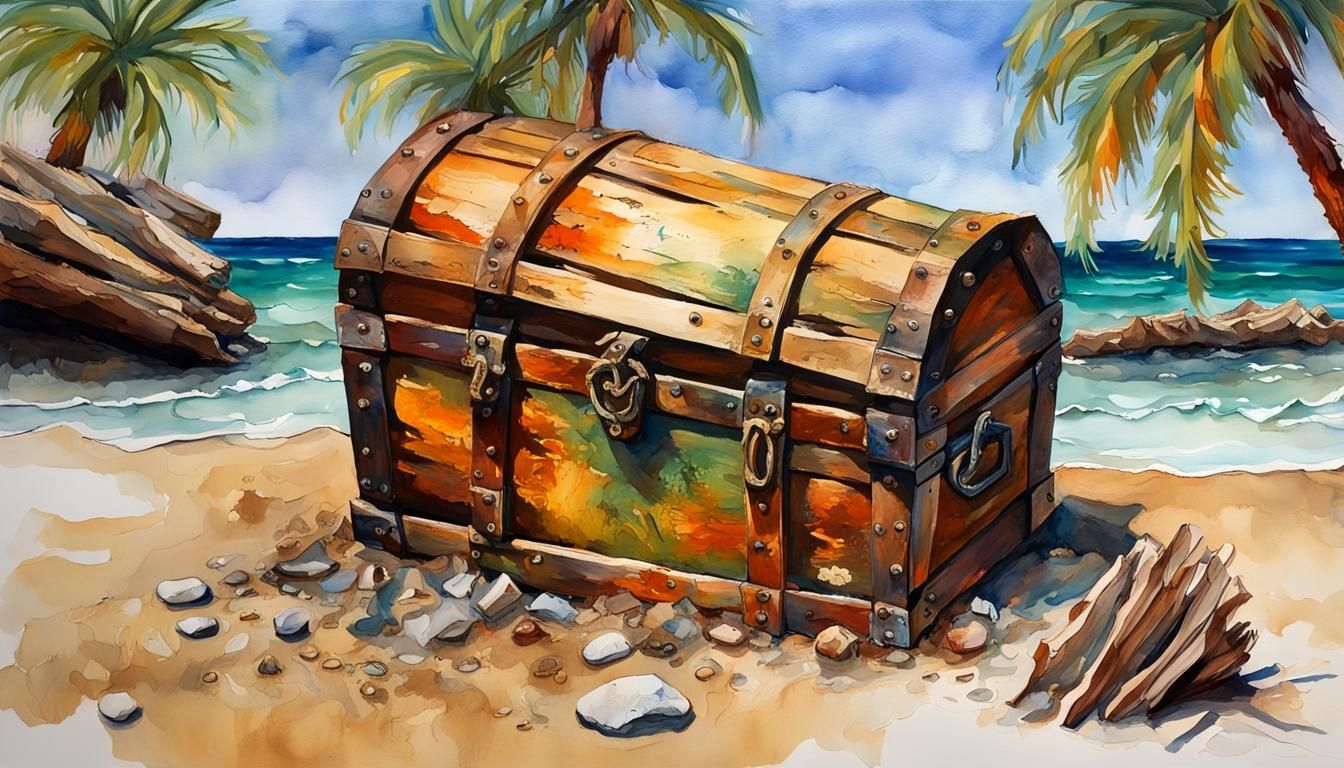 Hyperrealistic Beach with Treasure in Gouache Style