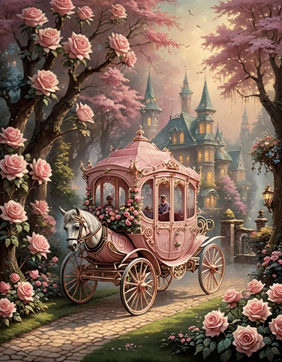 Pink Carriage in Ethereal Fantasy Landscape