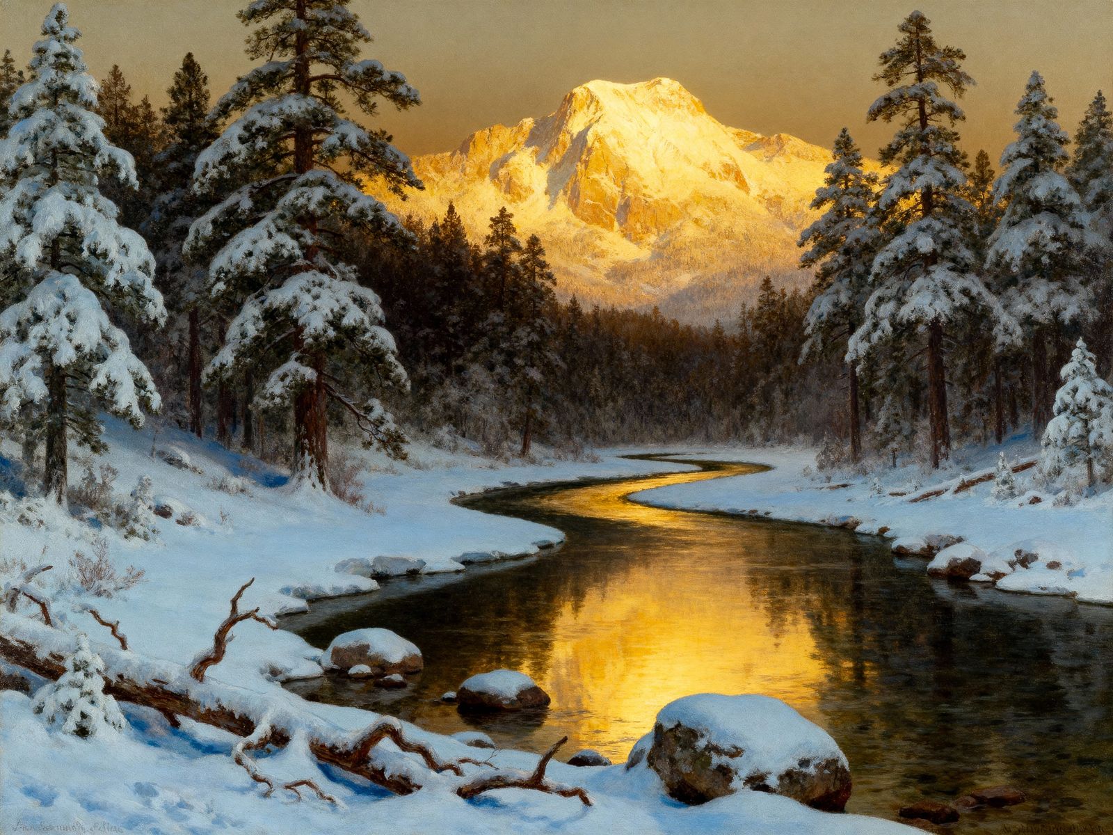 Hudson River School Winter Landscape at Golden Hour