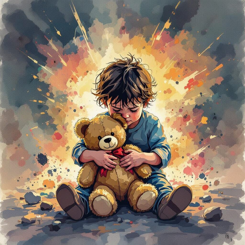 Child's Terror Amidst Atomic Blast in Watercolor Style