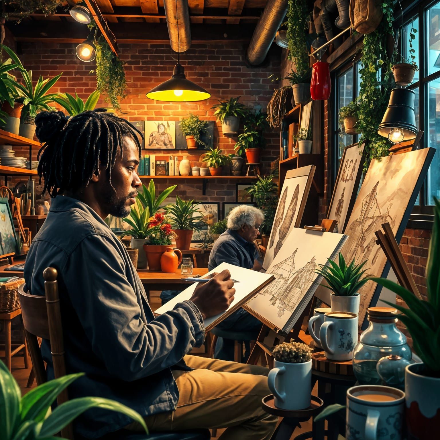 Artist in Inspiring Cafe Scene, Impressionist Realism