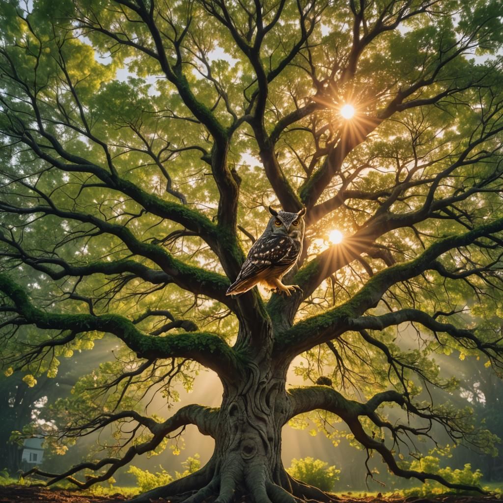 Owl Soaring by Tree of Life at Golden Hour