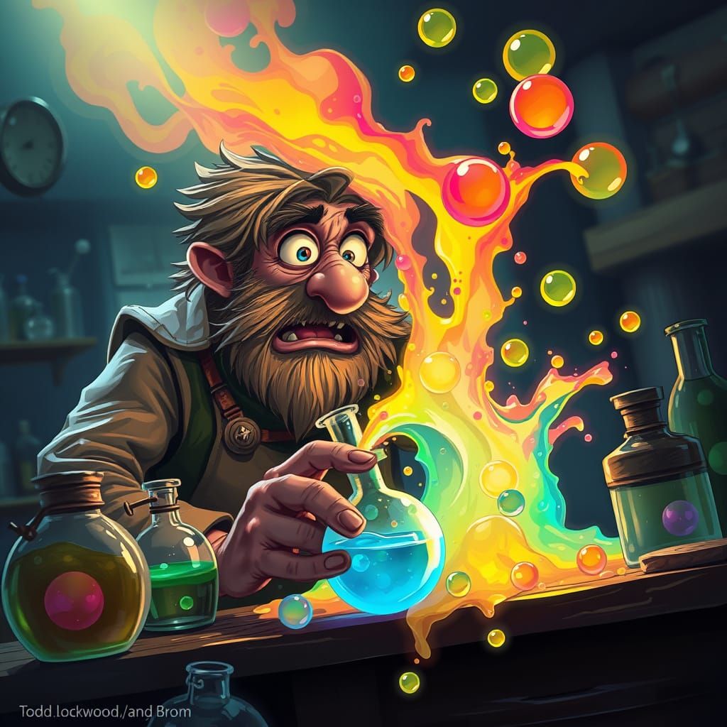 Alchemist's Potion Mishap: Bubbly Chaos in Concept Art Style