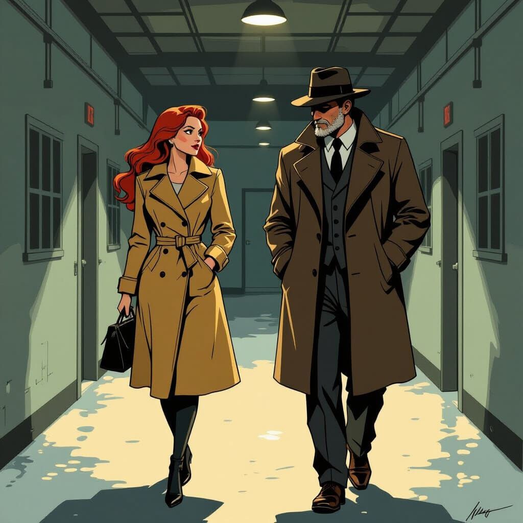 Elegant Woman and Detective in Noir Style
