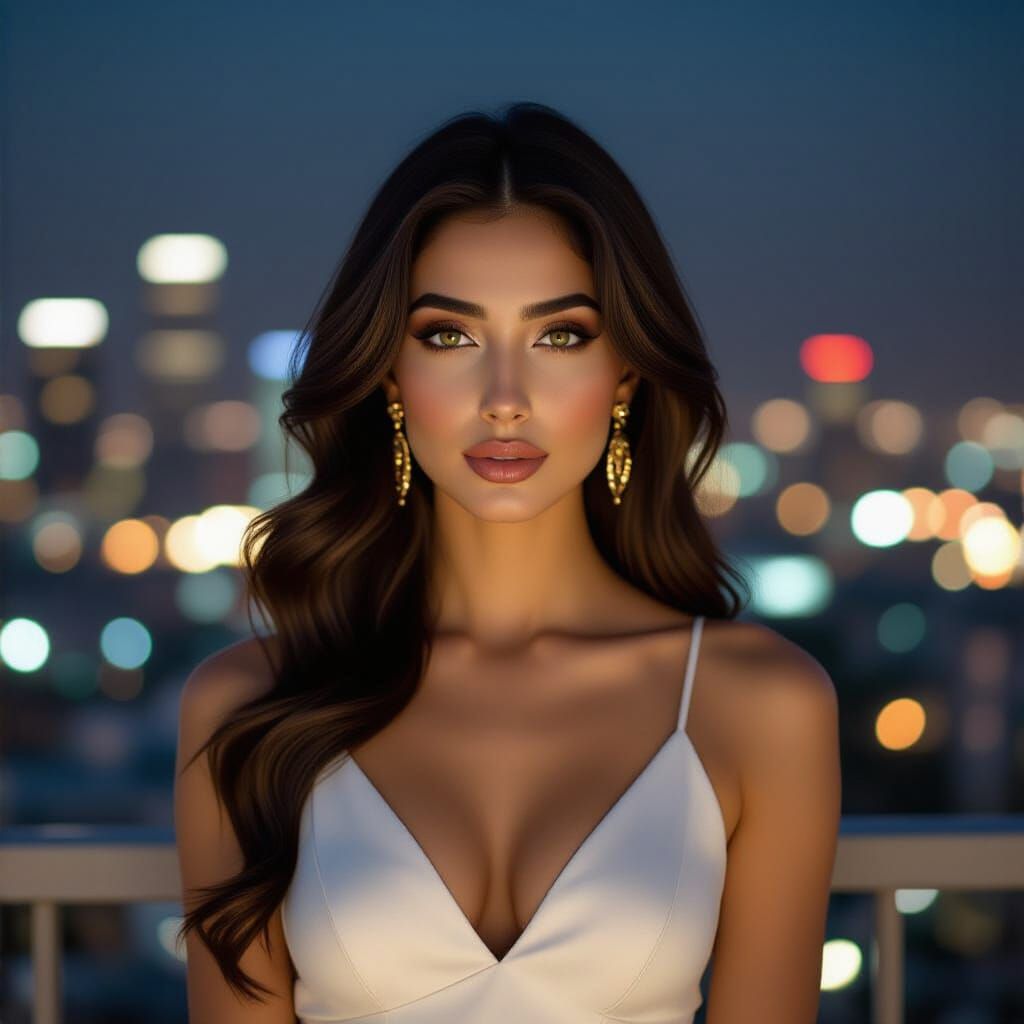 Stunning Persian Woman on Balcony, City Lights
