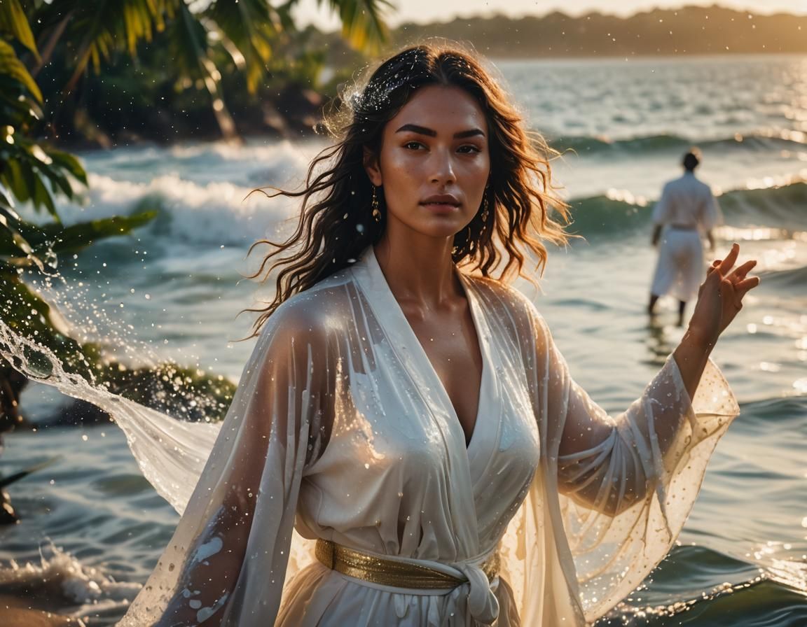 Brazilian Model in Ocean Surf: Hyper-Realistic Portrait