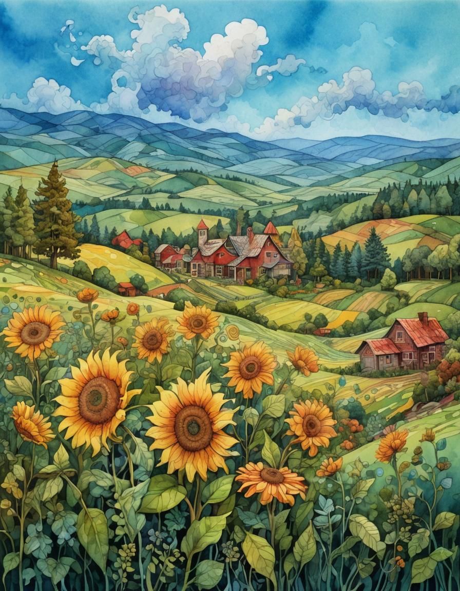 Vibrant Abstract Watercolor Farm Landscape