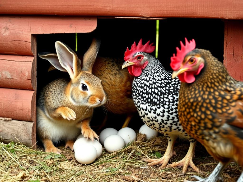 Rabbit Pilfers Eggs from Relaxed Chickens