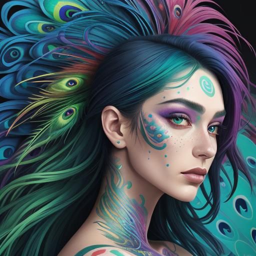 Rainbow Woman Portrait with Peacock Feathers