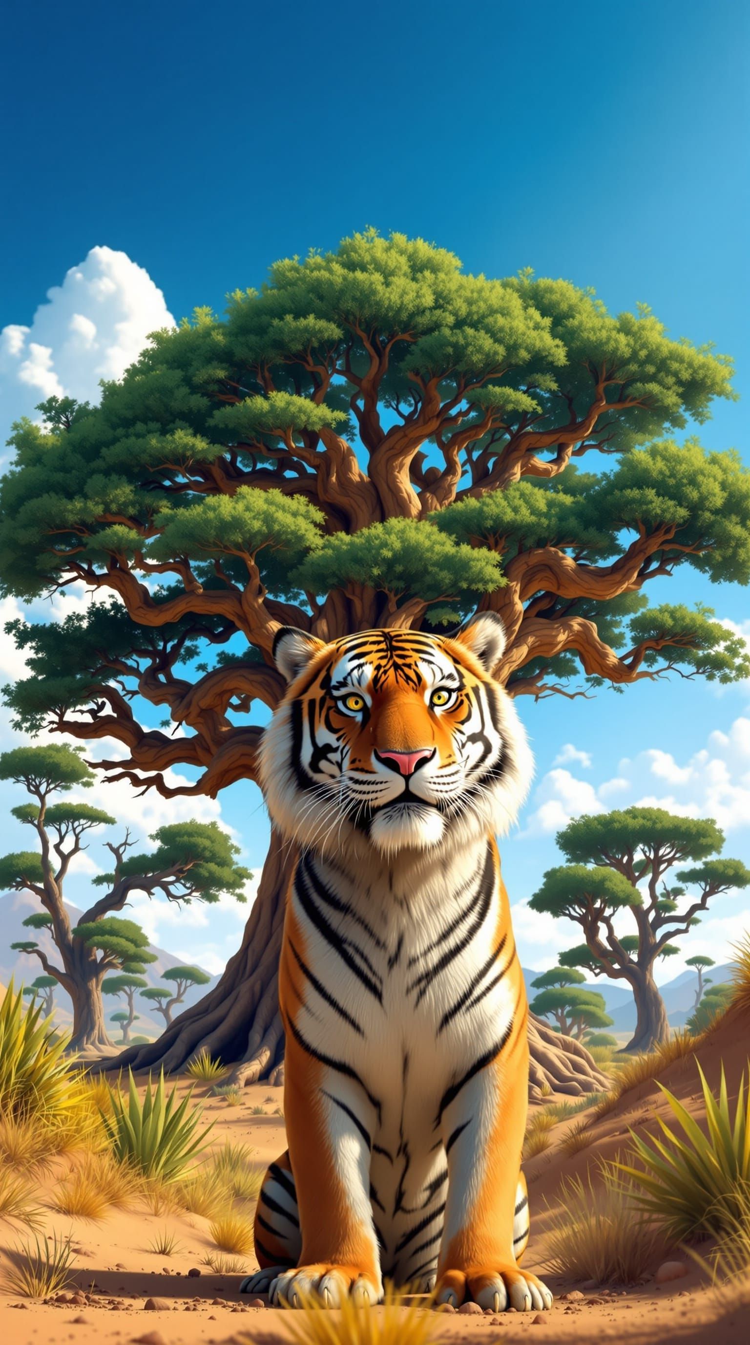 Tiger Speaks Before Ancient Asian Tree in Desert Landscape