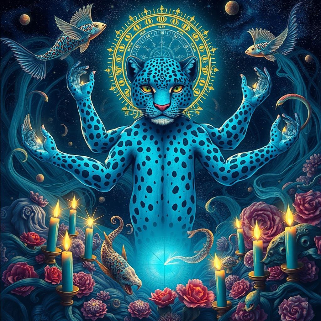 Blue Leopard Woman in Surreal Dreamscape