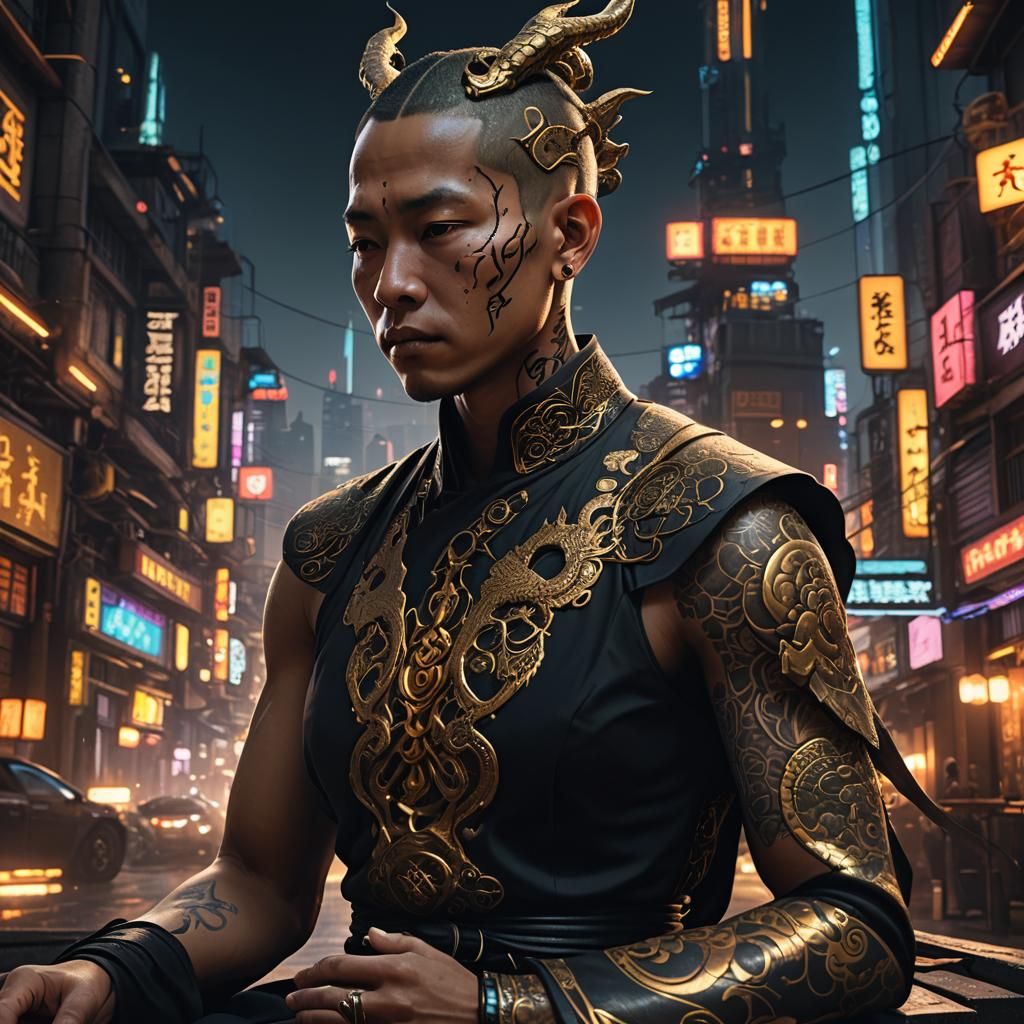 Cyberpunk Monk Meditating in Neon Cityscape