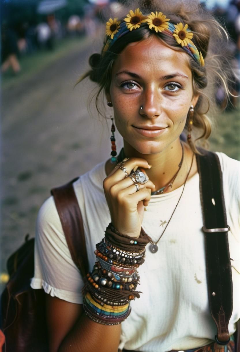 Hippy Girl at Woodstock 1969: Vintage Photograph