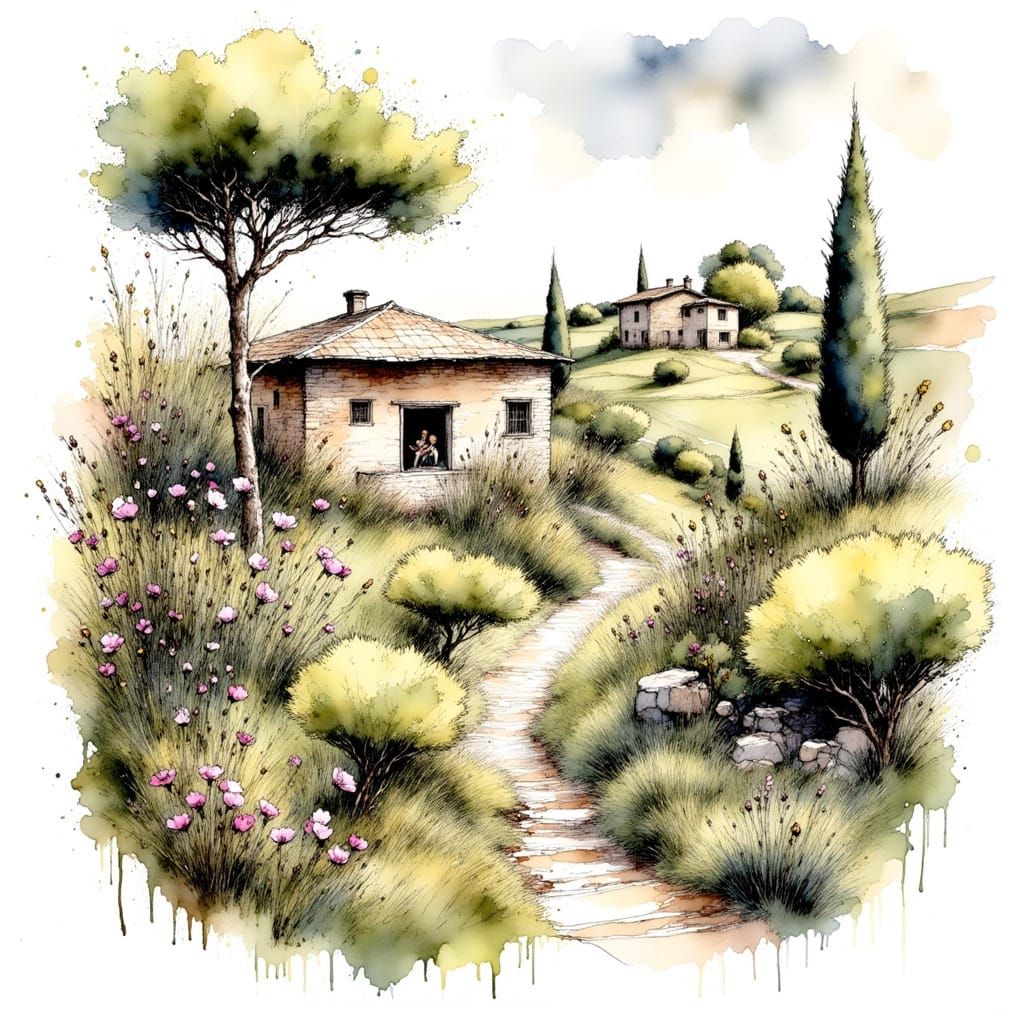 Ethereal Italian Countryside Scene in Ink