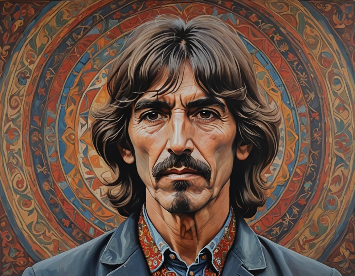 a portrait of George Harrison  in oils in the style of Rober...