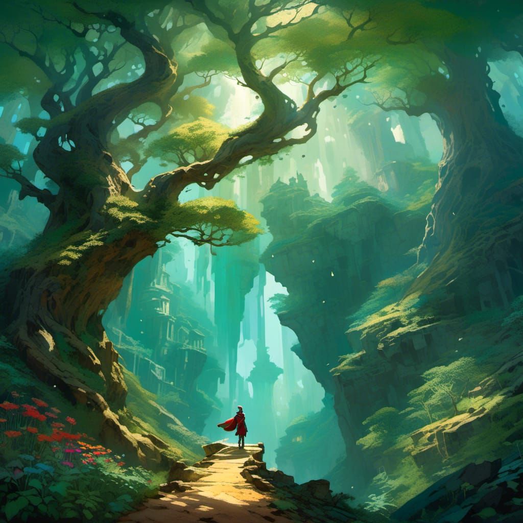 Luminous Stained Glass Window with Elemental Trees