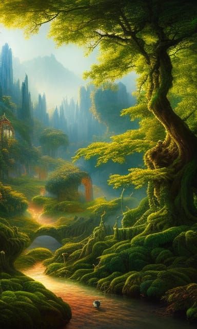 Mystical Forest Painting with Lush Greenery
