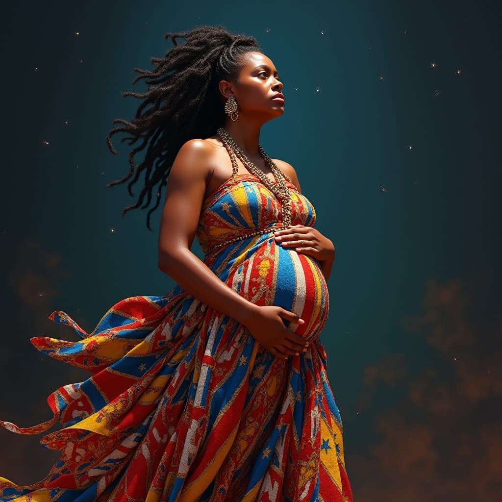 Pregnant Aboriginal Woman in Refugee Flag Dress