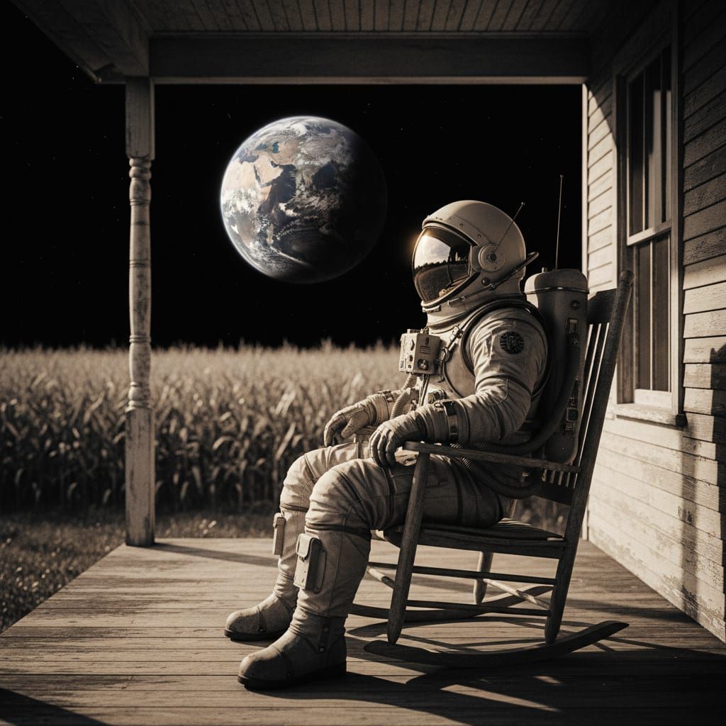 Astronaut in Rocking Chair on Farmhouse Porch Under Moonligh...