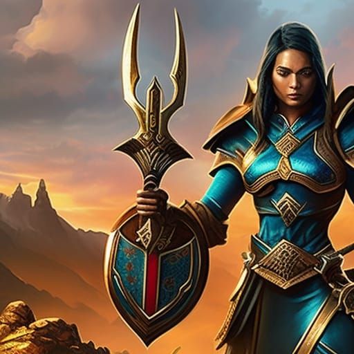 Armored Dark-Skinned Warrior with Spear and Shield