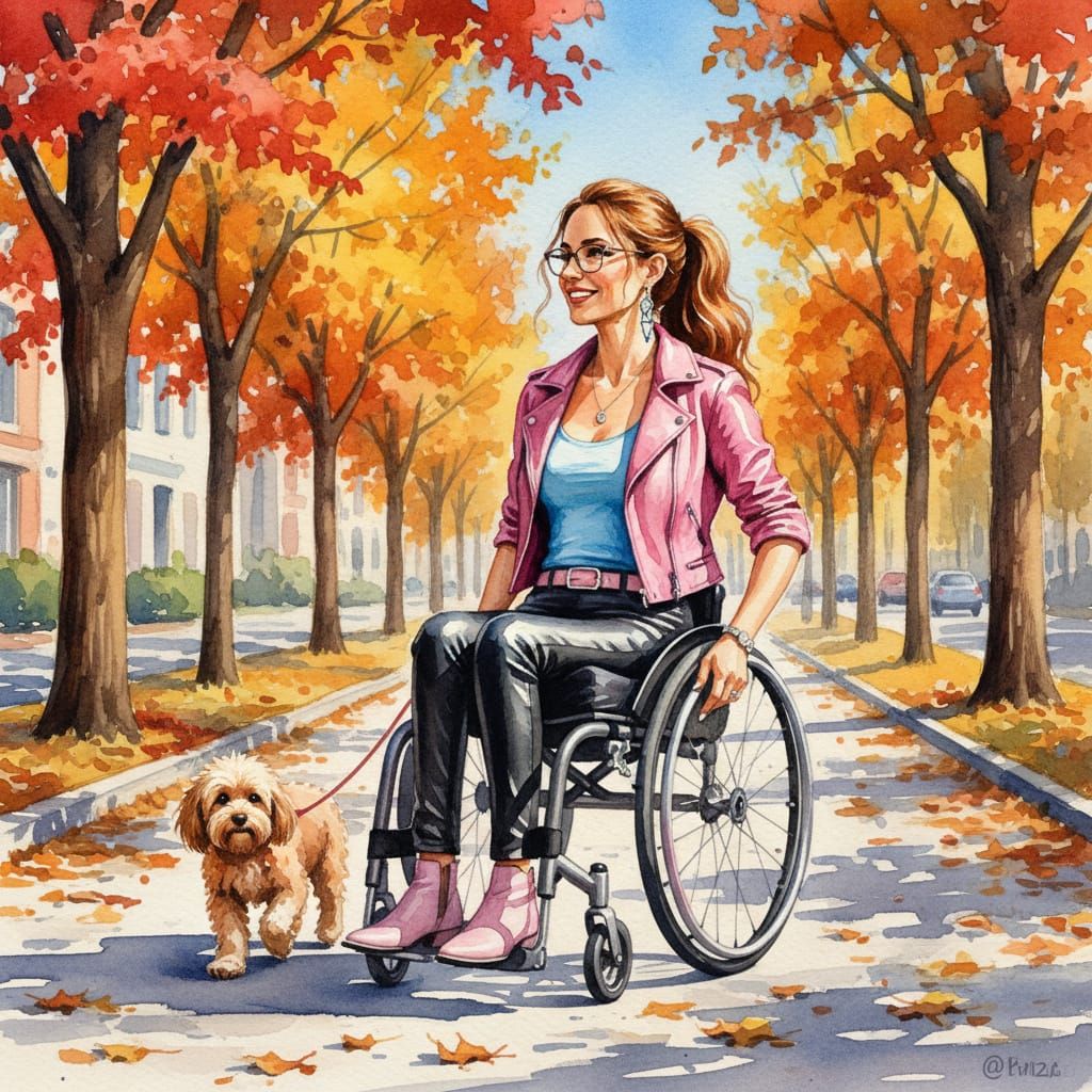Impressionistic Watercolor of a Woman in Wheelchair with Dog