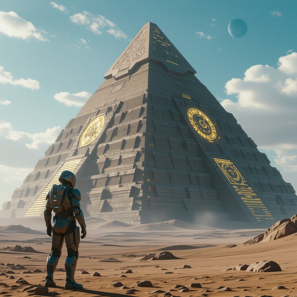 Cyborg Explorer on Alien Planet with Ancient Pyramid