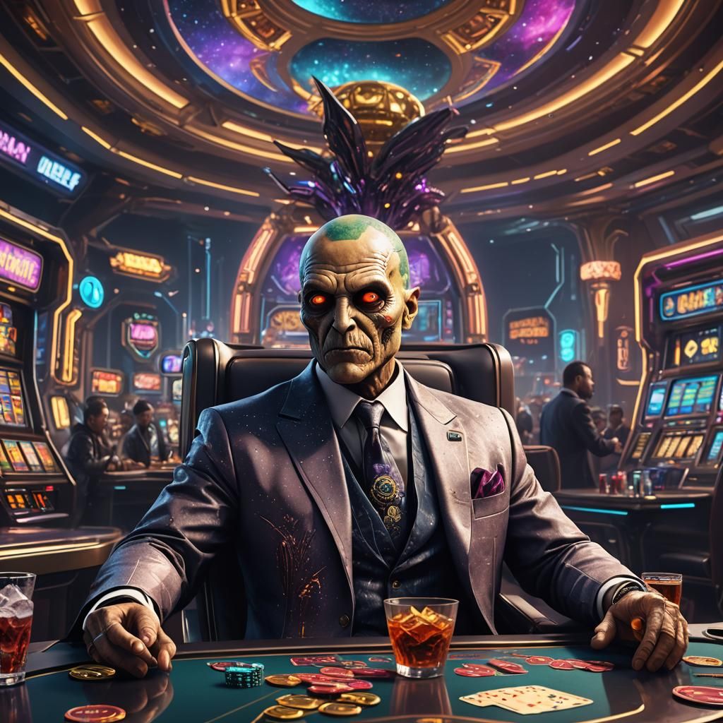 Futuristic Alien Mafia Boss in Casino, Detailed Matte Painti...