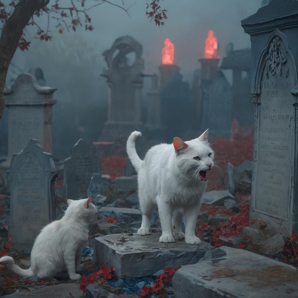 Eerie Ghost Cat in Moonlit Graveyard: Impressionist Fantasy