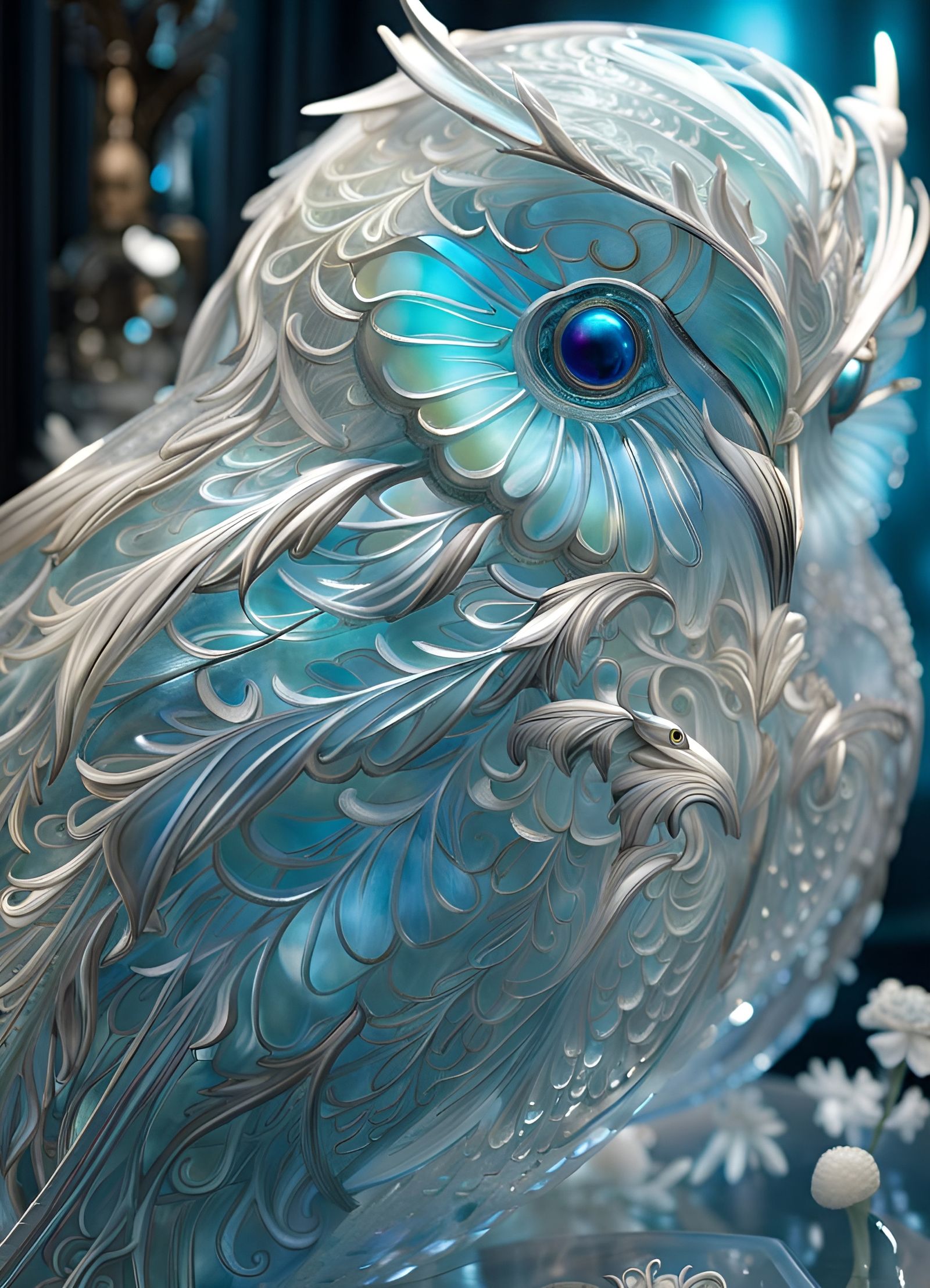 Ethereal Glacial Owl with Ice Flower Design