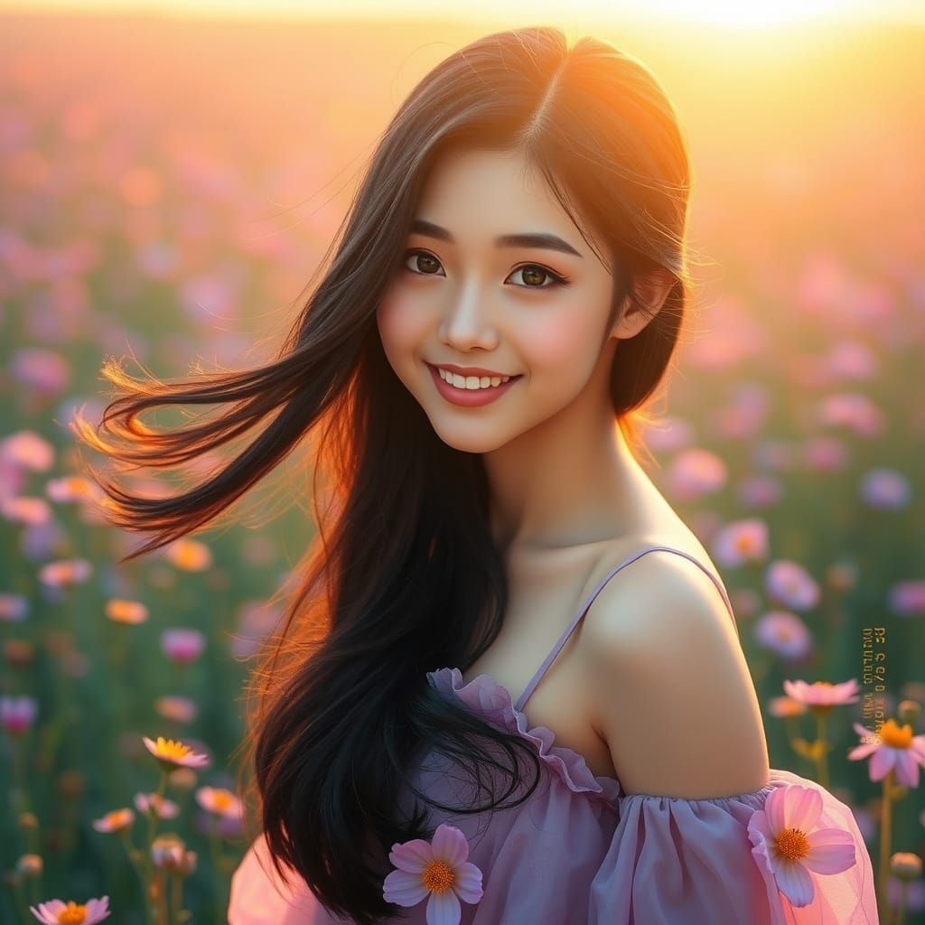 Serene Japanese Woman in Wildflower Field at Dawn