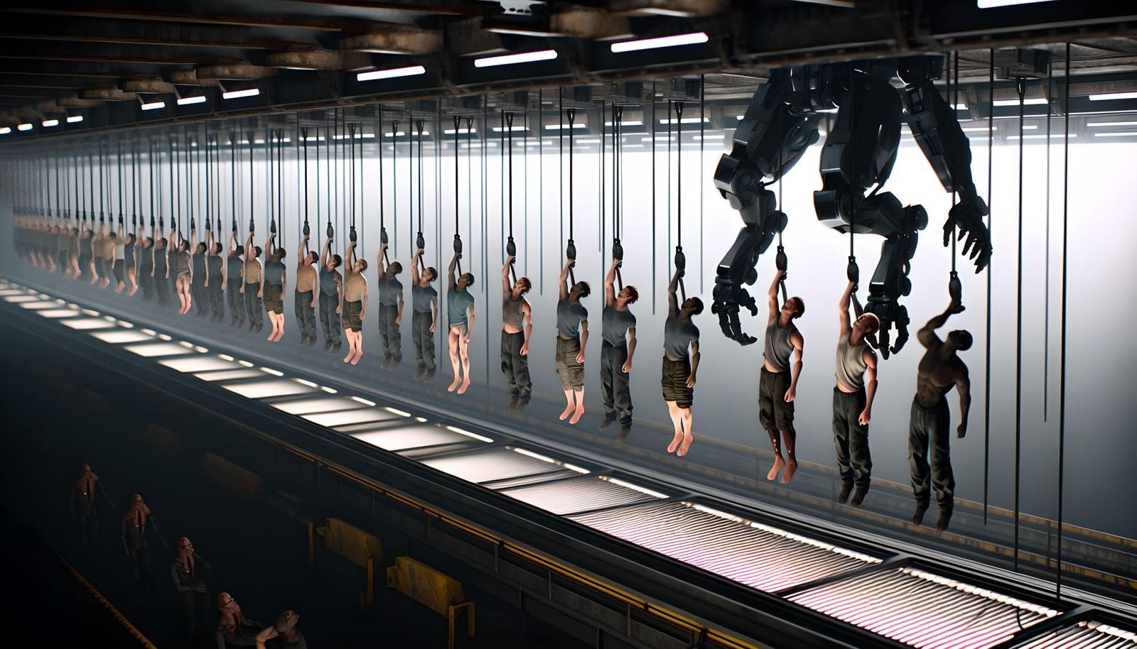 Dystopian Conveyor: Mecha Grabs Human in Cinematic Still