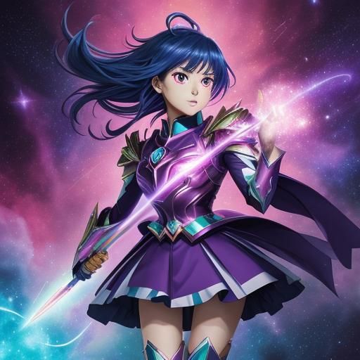 Cute Magical Girl in Galactic Nebula, Cel-Shaded Style